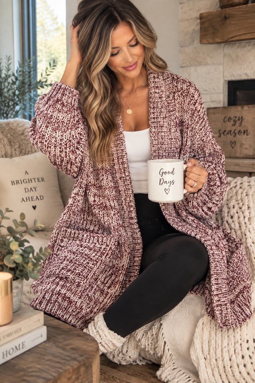 She + Sky Oversized Chunky Knit Cardigan L/XL Burgundy Cream